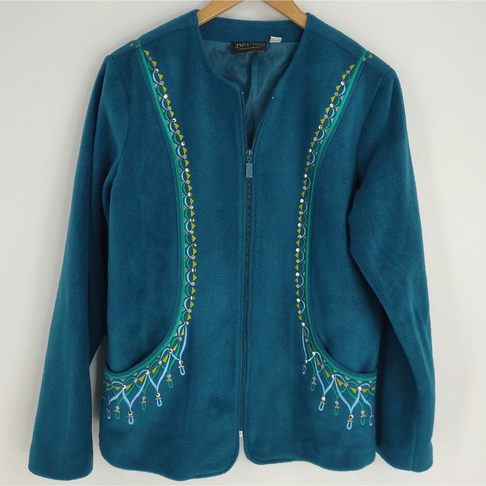 Bob Mackie Blue/Teal Fleece Zip Up Jacket Art Pockets Unique Size Medium